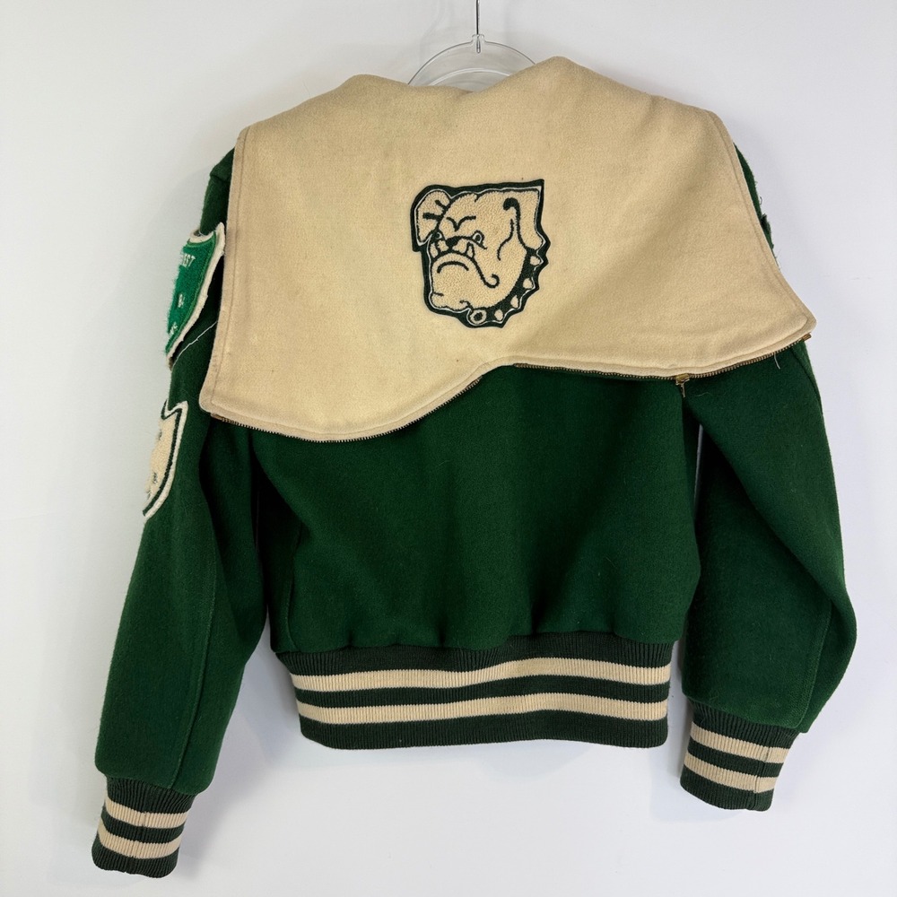 TM Athletics Varsity Jacket Womens 34 Green 1987 Letterman Bulldog Zip Hood - Picture 2 of 12